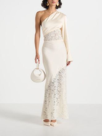 Mani&egrave;re De Voir Belle Satin Lace Maxi Skirt in Champagne at Nordstrom, Size 10