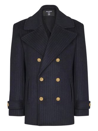 Balmain pinstripe double-breasted jacket - men - Other fibres/Merino/Polyamide/Viscose/Cotton - 54 - Blue