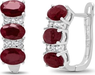 MAX + STONE Sterling Silver Oval Genuine Gemstone and White Topaz J Hoop Earrings