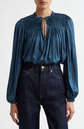 Ulla Johnson Freja Pleated Satin Top in Neptune at Nordstrom Rack, Size 14