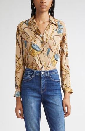 L'agence Nina Chain Print Silk Button-Up Shirt in Dk Cppccno Mlt Equestrian Sdl at Nordstrom Rack, Size Small