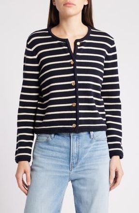 Frame Denim Stripe Merino Wool & Cotton Cardigan in Navy Multi at Nordstrom Rack, Size Medium