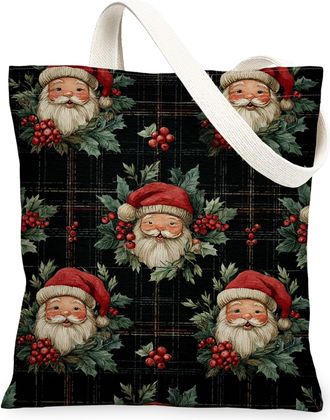 Generic Santa Pattern Canvas Tote Bags, Festive Holiday Design Reusable Shopping Bags, Vintage Christmas Lightweight Washable Shoulder Strap Tote for Gym Outd