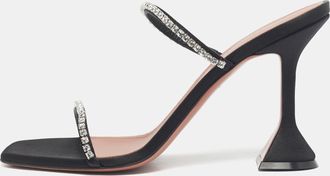 Amina Muaddi Black Satin Crystal Embellished Gilda Slide Sandals