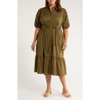 Caslon Ruffle Hem Stretch Cotton Shirtdress in Olive Dark at Nordstrom Rack, Size 1X