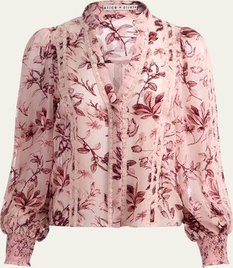 Alice & Olivia Arlette Floral Lace-Trim Blouse