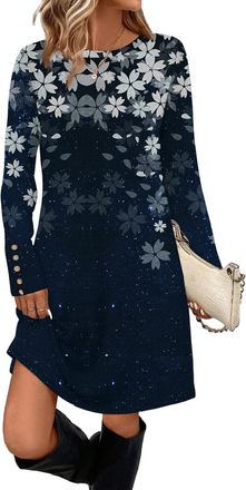 Generic 1920S Dresses for Women, Round Neck Long Sleeve Pullover Elegant Mini Dress Casual Tunic Jumper Dress Loose Clothes Women Top Spring Dress Casual Jump