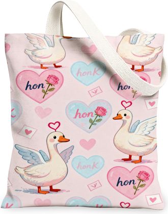 Generic Goose Heart Canvas Tote Bags, Cute Design Reusable Grocery Bags, ValentineS Day Lightweight Washable Shoulder Strap for Tr, Peach, 13x15 Inch