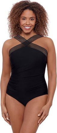 Aqua Green High Criss Cross Neck Full Coverage Novelty Trim One-Piece Swimsuit in Black at Nordstrom, Size X-Large