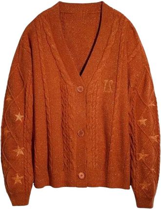 Generic Women Glittery Ts Cardigan Chunky Knit Sweater with Showgirl Cardigan Fans-Make Orange M