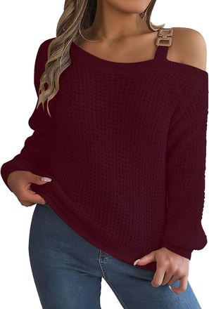 Generic Womens Off The Shoulder Jumper Trendy Cable Knit Metal Buckle Cold Shoulder Knitted Jumpers Autumn Winter Warm Holiday Sweater Baggy Loose Pullover Sw