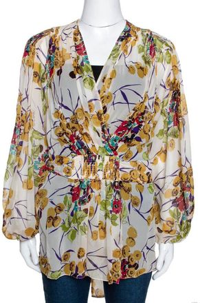 Roberto Cavalli Multicolor Silk Georgette Floral Print Faux Wrap Blouse
