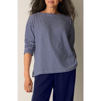 Eileen Fisher Striped Organic Cotton Bateau Neck Boxy Top in Infinity at Nordstrom, Size Xx-Small