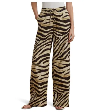 Ralph Lauren Zebra-Print Linen Wide-Leg Pants In Cream/brown