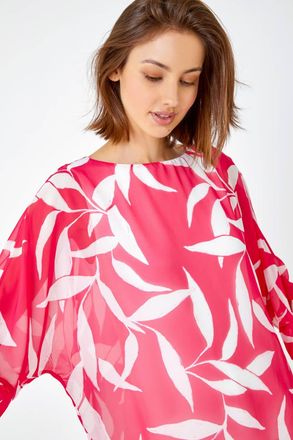 Roman Leaf Print Chiffon Overlay Top