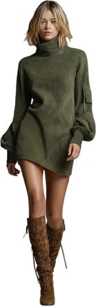Generic Womens Suede Mini Dress, Vintage High-Neck Long Sleeve Fringe Hem Loose Fit Short Dresses with Pockets Lantern Sleeve Dress (Green,XS)