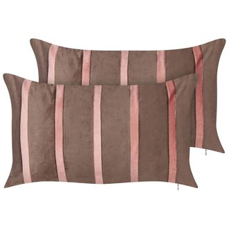 Beliani Beliani - Conjunto De 2 Cojines De Terciopelo 35 X 60 Cm Hecho A Mano Con Motivo De Rayas Marr&oacute;n Y Rosa Crodyline