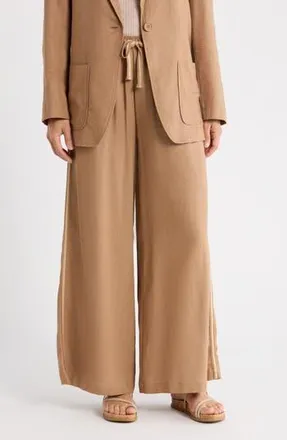 Max Studio Side Stripe Linen Blend Wide Leg Pants in Mocha at Nordstrom Rack, Size X-Small