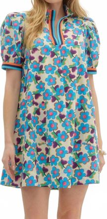 Entro Floral Puff Sleeve Mini Dress With Contrast Trim And Pockets In Blue