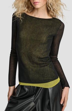 DKNY Double Layer Boat Neck Sweater in Black/citronella at Nordstrom, Size Small