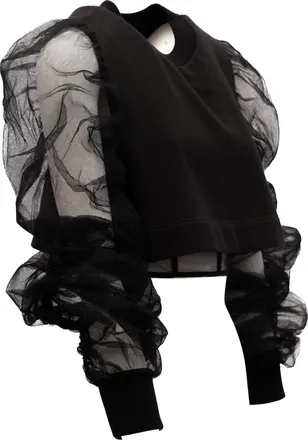 Alexander McQueen Tulle-Sleeve Cropped Sweatshirt - Black