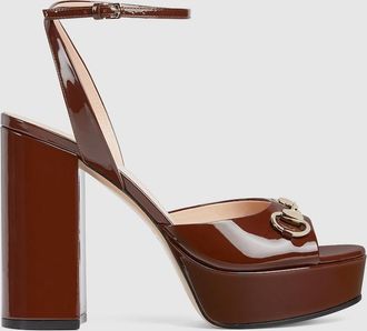 Gucci Womens Horsebit Platform Sandal, Brown, Leather