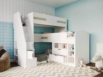 Flair Oscar Staircase Triple Bunk Bed with Storage in White | Size: Single