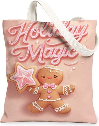 Generic Holiday Magic Canvas Tote Bags, Gingerbread & Star Pattern Reusable Bags, Festive Cute Lightweight Washable Shoulder Strap, Peach, 13x15 Inch