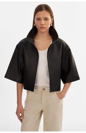LaMarque Elin | Leather Funnel Neck Jacket in Black at Nordstrom, Size X-Small