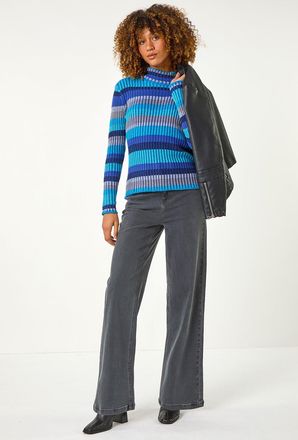 Roman Roll Neck Stripe Print Ribbed Knit Jumper
