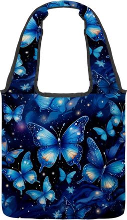 Generic Galaxy Blue Butterflies Pattern Reversible Canvas Shoulder Tote - Double-Sided Print, 12oz Cotton, 27cm Drop, Fold-Flat Bag for Travel, Shopping, Stre