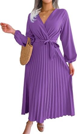Generic Womens Lace Up Plisse Maxi Dress High Waist V Neck Elegant Large Swing Long Sleeve Dress Formal Night Evening (Purple,Large)