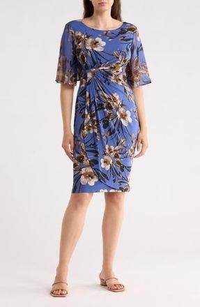 Connected Floral Side Ruched Faux Wrap Dress in Cadet at Nordstrom, Size 14W