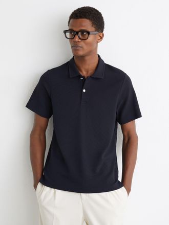 Reiss Navy Textured Half-button Polo Shirt, Xxl