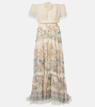 Etro Lace-trimmed printed off-shoulder silk maxi dress