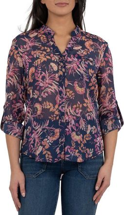 Kut from the Kloth Jasmine Chiffon Button-Up Shirt in Giardino Navy at Nordstrom, Size Small
