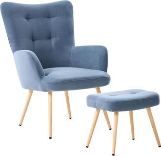 Beliani Sill&oacute;n Orejero Tapizado En Tela De Terciopelo Azul Abotonado Con Reposapi&eacute;s Estilo Retro Vejle