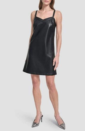 DKNY Sleeveless V-Neck Faux Leather Shift Dress in Black at Nordstrom, Size 14