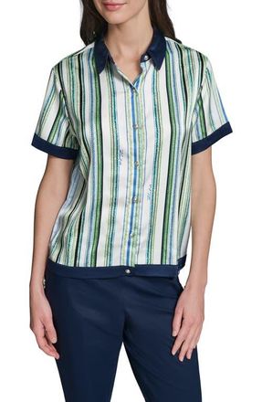 Karl Lagerfeld Stripe Contrast Trim Button-Up Shirt in Soft White/Sky Blue Multi at Nordstrom, Size X-Large