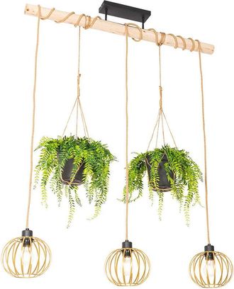 QAZQA Rústico Lámpara colgante rústica dorada con madera 3-luces - Yura /Acero /Cuerda Alargada Adecuado para led Max. 3 x 40 Watt - Qazqa