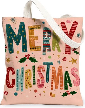 Generic Merry Christmas Canvas Tote Bags, Holiday Fun Colorful Design Reusable Grocery Bags, Lightweight Washable Shoulder Strap Ca, Peach, 13x15 Inch