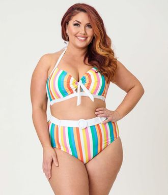 Unique Vintage Plus Size Bow Halter Swim Top in Blue Rainbow Stripe at Nordstrom, Size 3 X