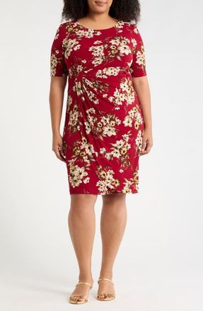 Connected Floral Side Ruched Faux Wrap Dress in Crimson at Nordstrom, Size 24W