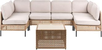 Beliani Modular Garden U-Shaped Sofa Light Beige PE Rattan 6 Seater with Glass Coffee Table Metal Frame with Cushions Modern Style Garden Patio Terrace