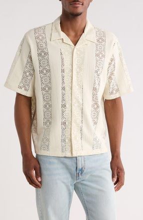PacSun Dexter Lace Panel Button-Up Camp Shirt in Tan at Nordstrom, Size X-Large