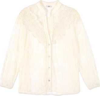 Oltre Geborduurde Doorschijnende Tulle Blouse - Dames - Overhemden - Wit - XL - Katoen - Overhemden