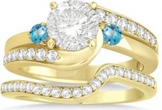 Allurez Blue Topaz & Diamond Swirl Engagement Ring & Band Bridal Set 14k Yellow Gold 0.58ct