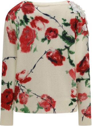 Blumarine Floral-Embroidered Wool-Cashmere Cardigan - Beige