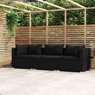 vidaXL Sof&aacute; De 3 Plazas Con Cojines Rat&aacute;n Sint&eacute;tico Negro Vidaxl