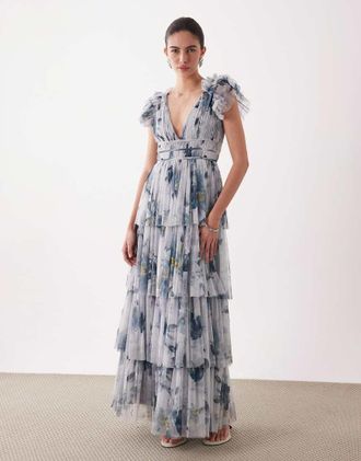 Lace & Beads Vestito lungo in tulle a balze con volant sulle spalle grigio a fiori-Multicolore